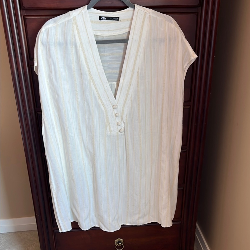 Zara White with Tan Stripe V Neck Tunic Large